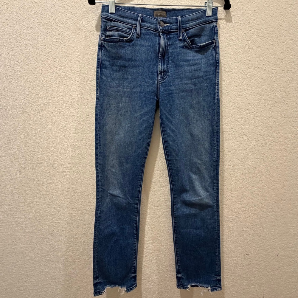 Mother Denim High Rise Slim Straight Leg Jeans Medium Wash Raw Hem Size 26